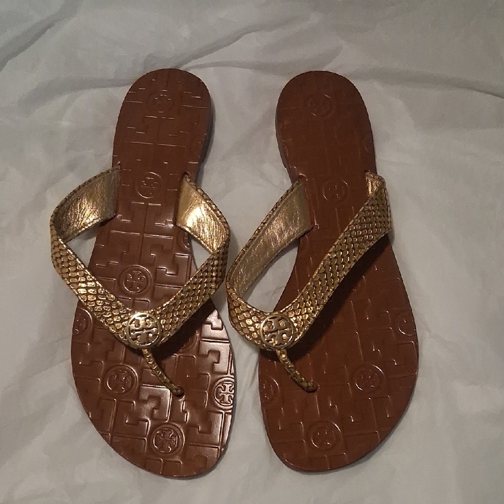Tory Burch Metallic Gold Leather Thong Sandals